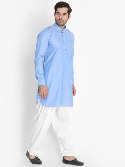 Men's Blue Cotton Blend Kurta and Patiala Set