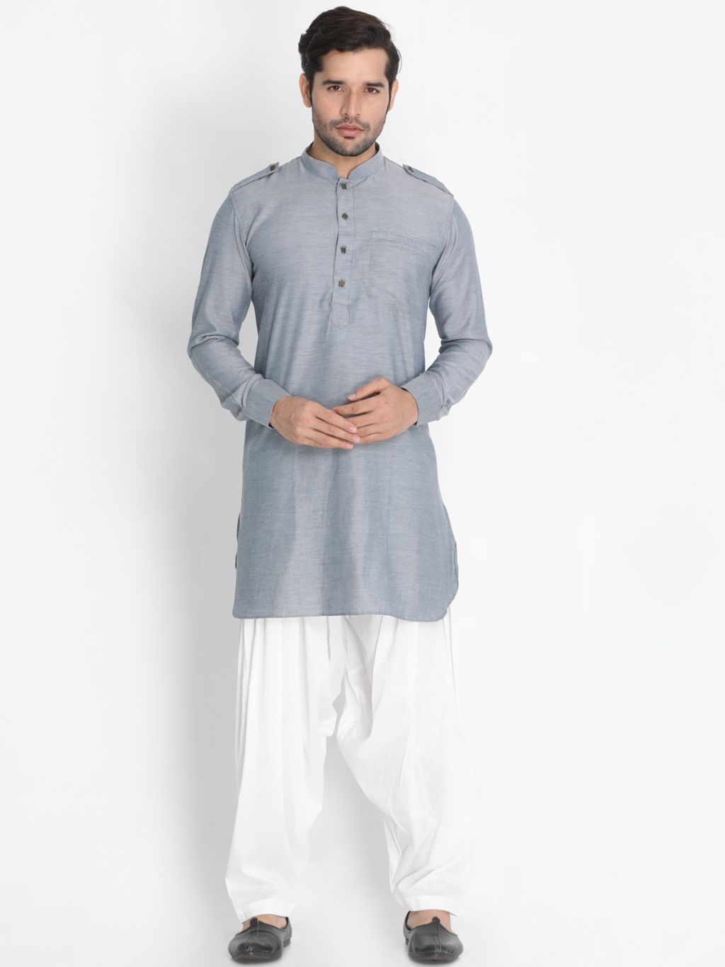 Men's Grey Cotton Blend Kurta and Patiala Set