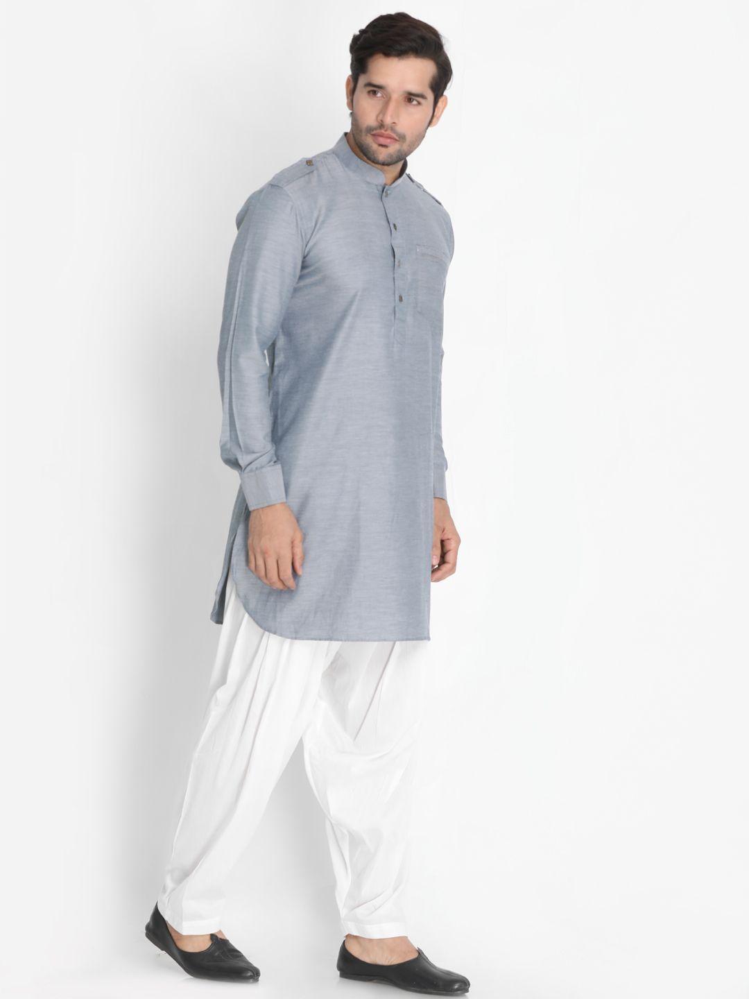 Men's Grey Cotton Blend Kurta and Patiala Set