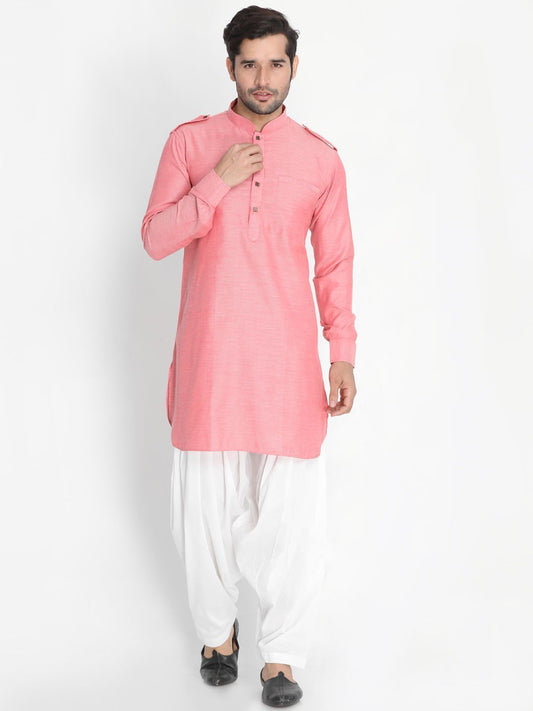 Men's Red Cotton Blend Kurta and Patiala Set