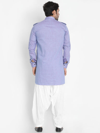 Men's Blue Cotton Blend Kurta and Patiala Set