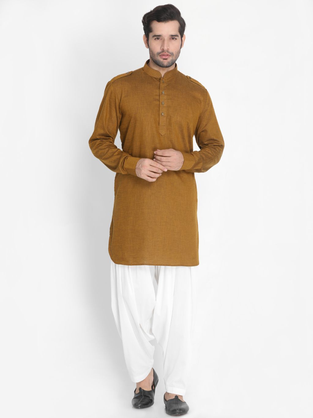 Men's Brown Cotton Blend Kurta and Patiala Set
