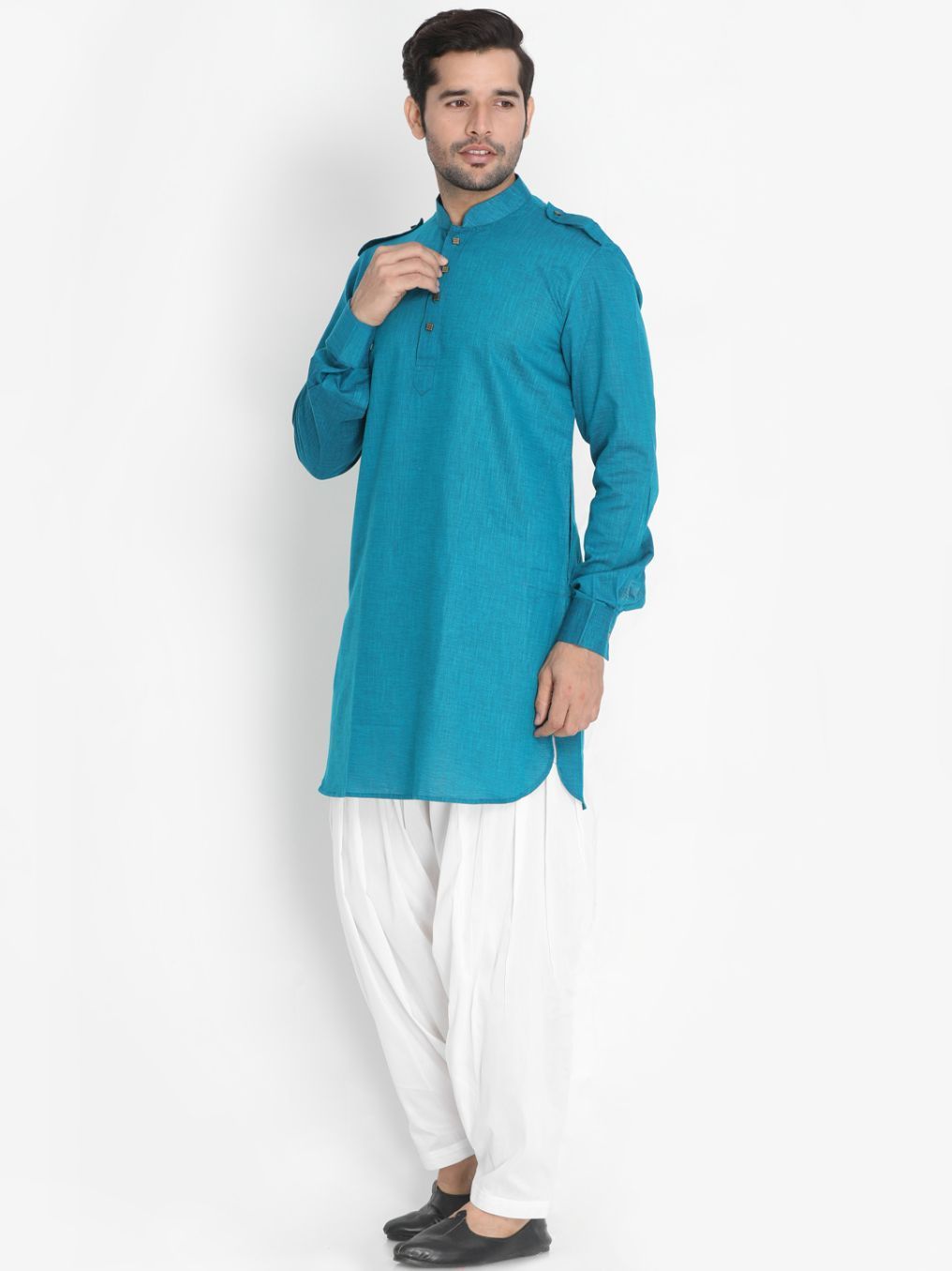 Men's Dark Green Cotton Blend Kurta and Patiala Set