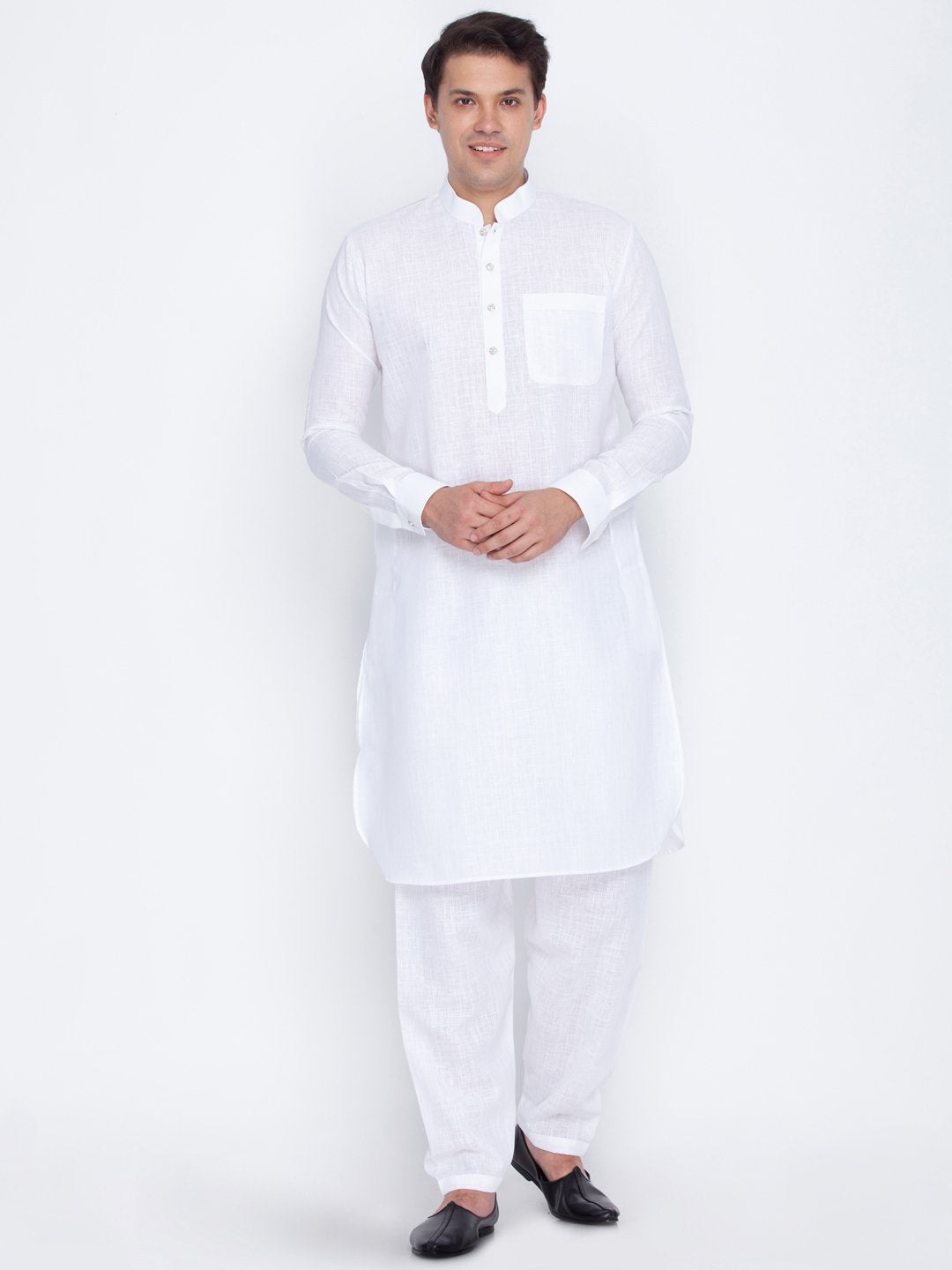Men's White Cotton Blend Pathani Suit Set