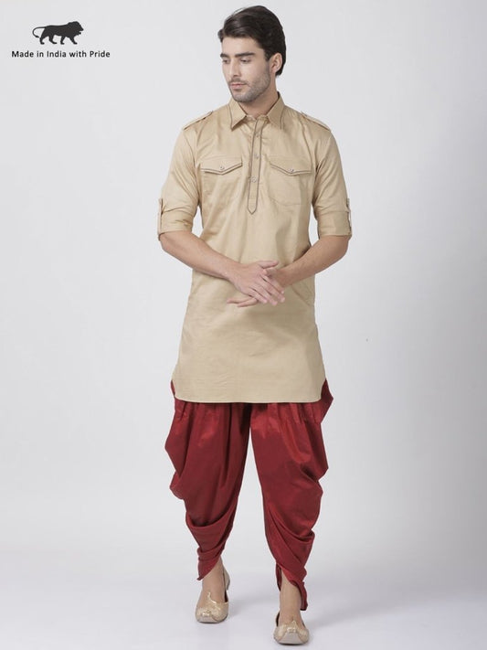 Men's Beige Cotton Blend Pathani Suit Set