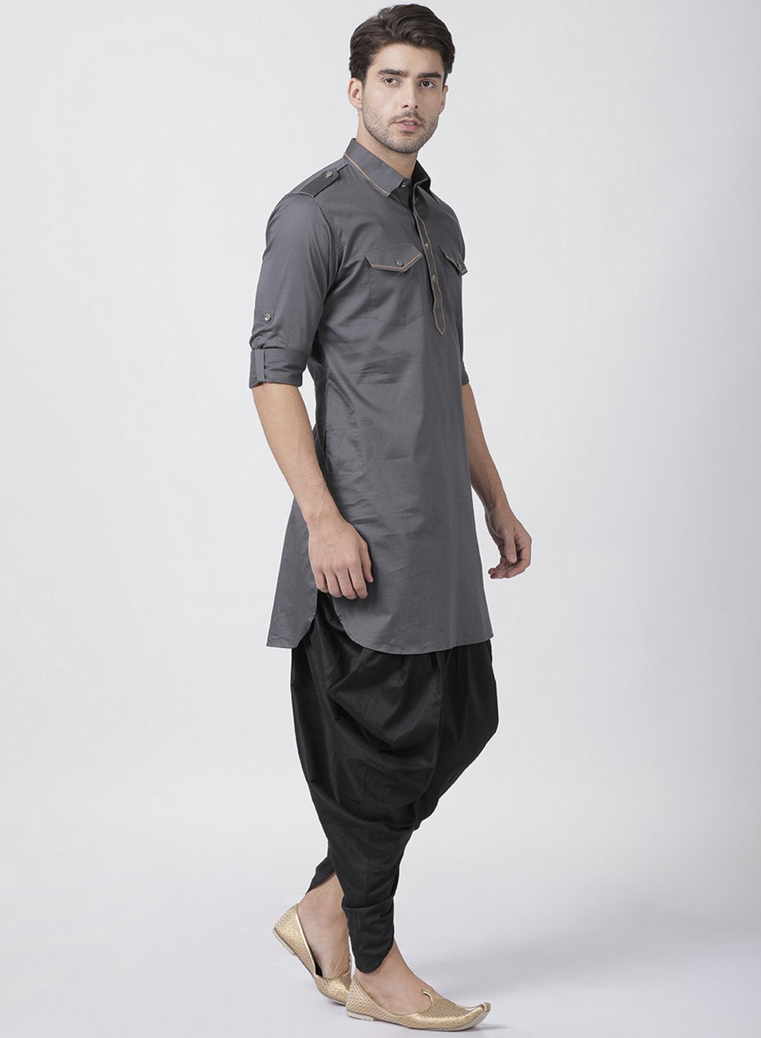 Men's Grey Cotton Blend Pathani Suit Set