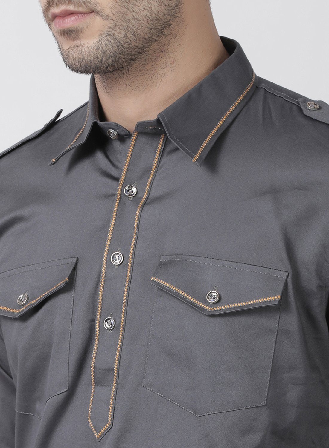 Men's Grey Cotton Blend Pathani Suit Set