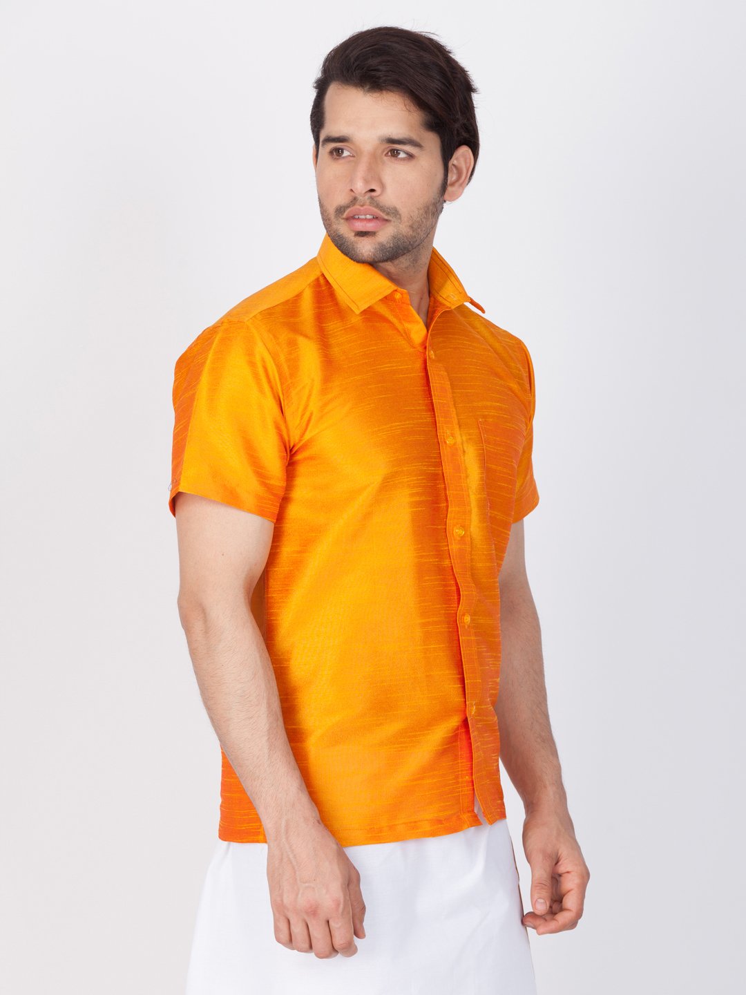 Men's Orange Cotton Silk Blend Ethnic Shirt