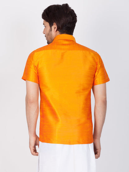 Men's Orange Cotton Silk Blend Ethnic Shirt