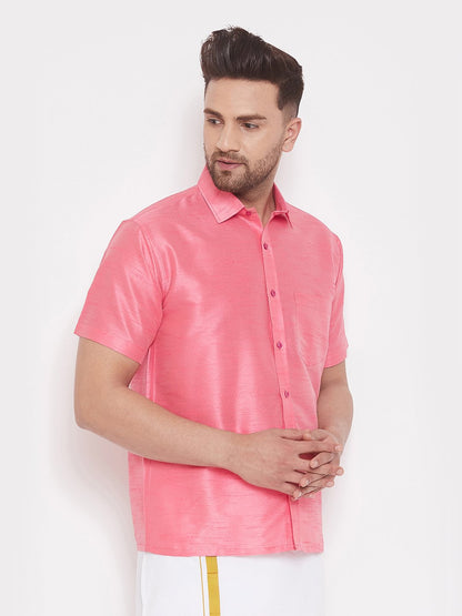 Men's Pink Cotton Silk Blend Ethnic Shirt