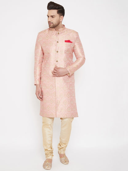 Men's Pink And Gold Brocade Jacquard Sherwani Set