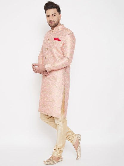 Men's Pink And Gold Brocade Jacquard Sherwani Set