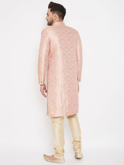 Men's Pink And Gold Brocade Jacquard Sherwani Set