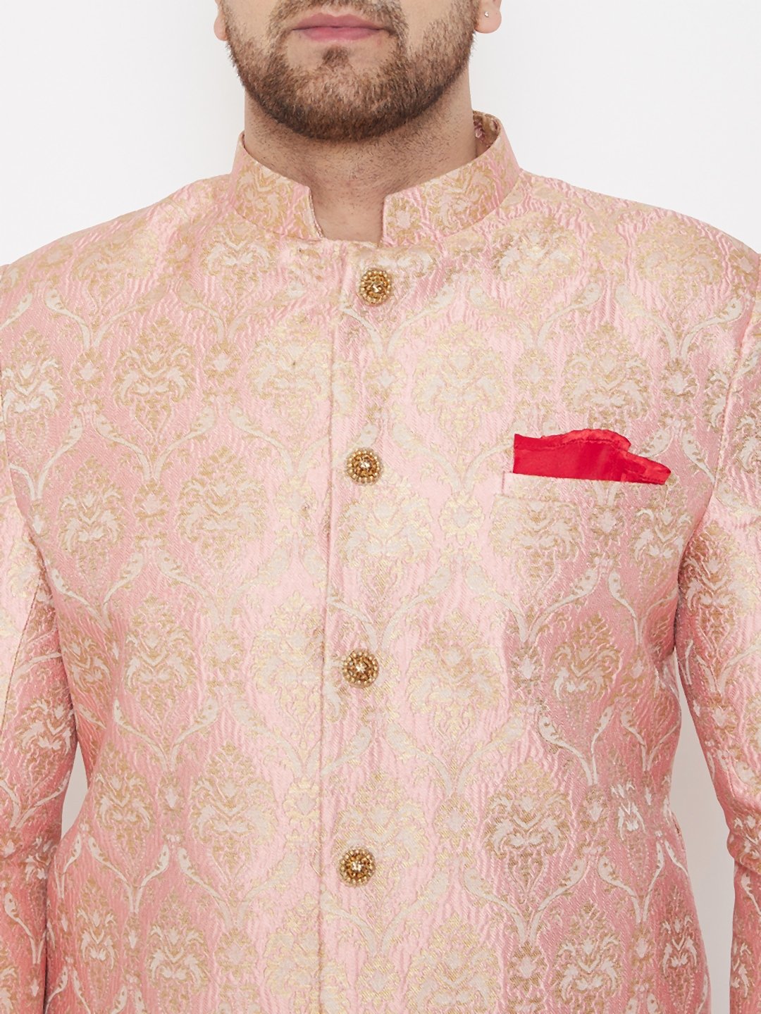 Men's Pink And Gold Brocade Jacquard Sherwani Set
