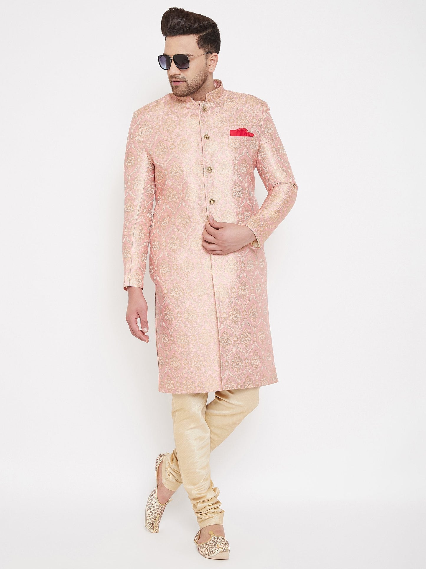 Men's Pink And Gold Brocade Jacquard Sherwani Set