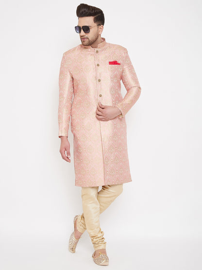 Men's Pink And Gold Brocade Jacquard Sherwani Set