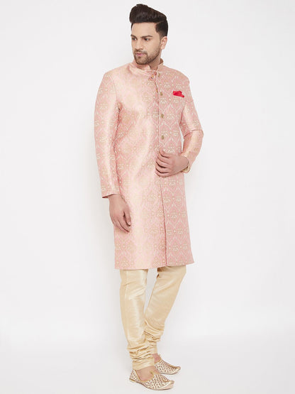 Men's Pink And Gold Brocade Jacquard Sherwani Set