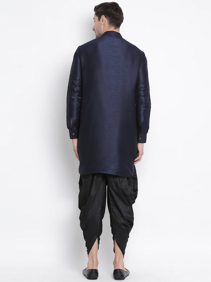 Men's Dark Blue Cotton Silk Blend Kurta and Dhoti Pant Set