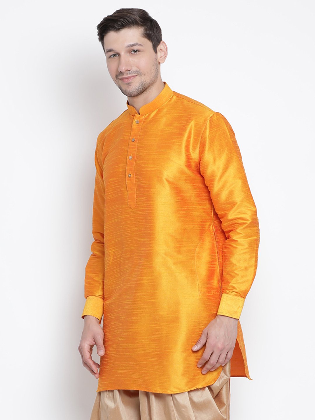 Men's Orange Cotton Silk Blend Kurta