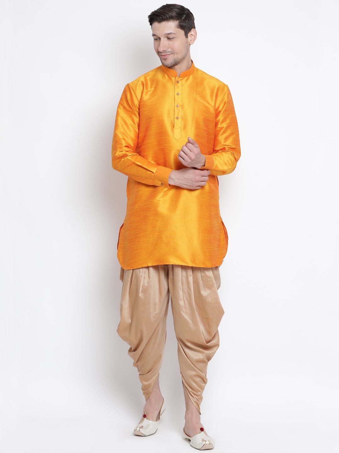 Men's Orange Cotton Silk Blend Kurta