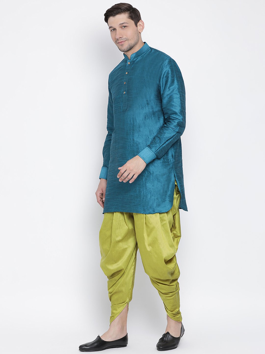 Men's Dark Green Cotton Silk Blend Kurta and Dhoti Pant Set
