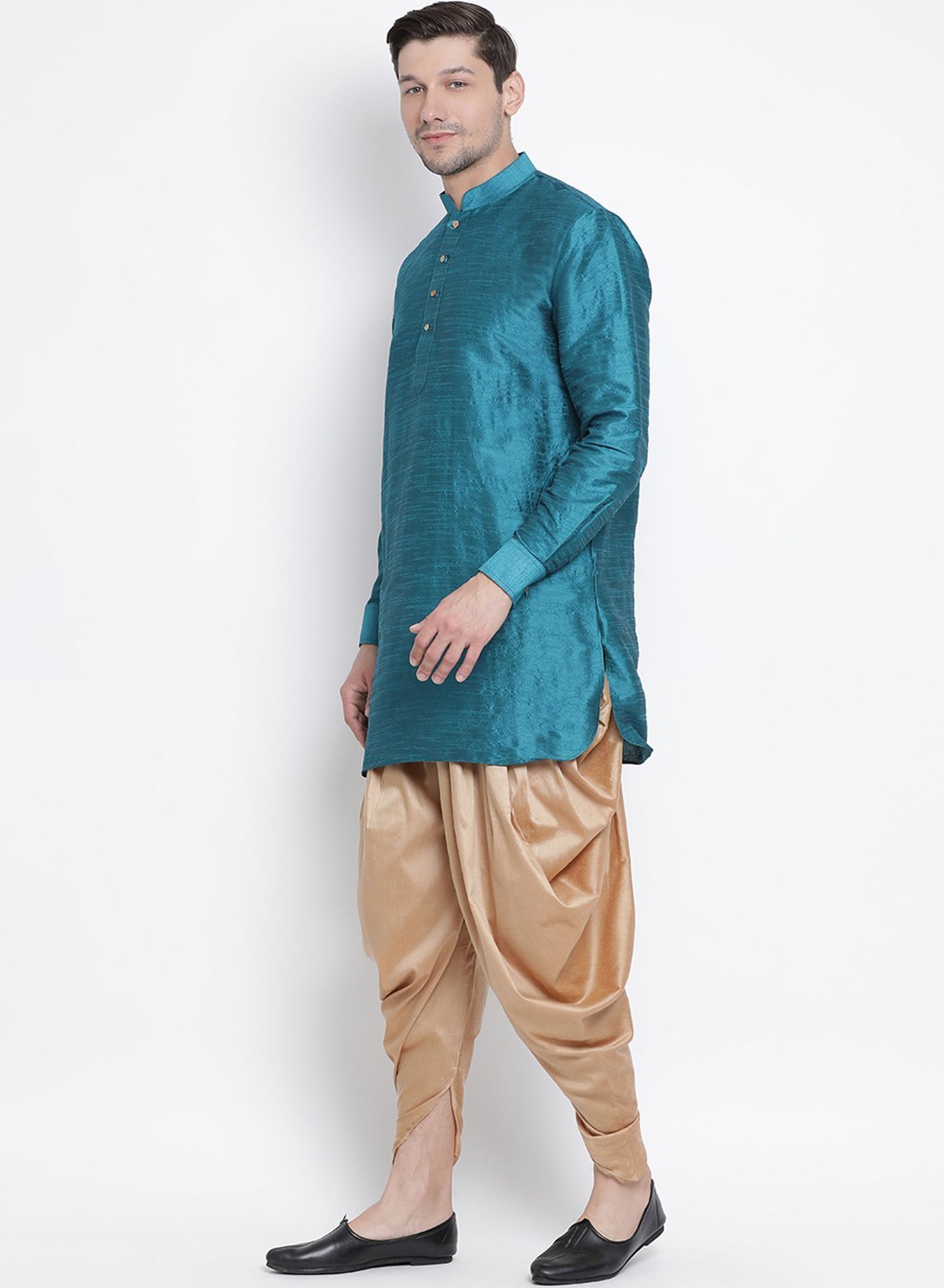 Men's Dark Green Cotton Silk Blend Kurta and Dhoti Pant Set