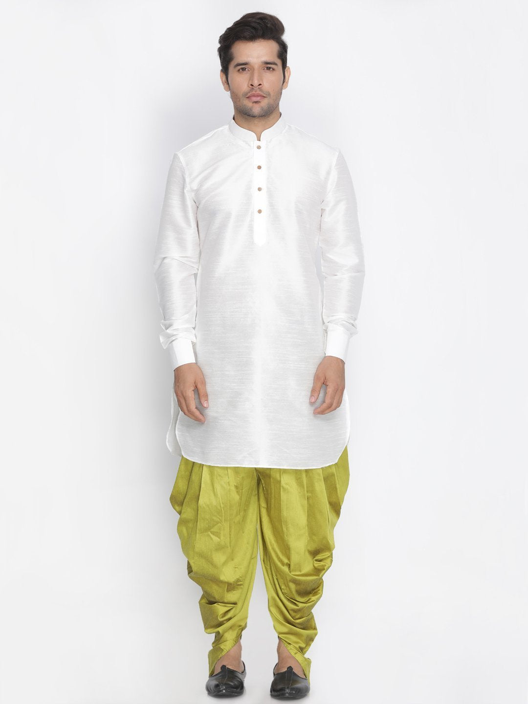Men's White Cotton Silk Blend Kurta and Dhoti Pant Set