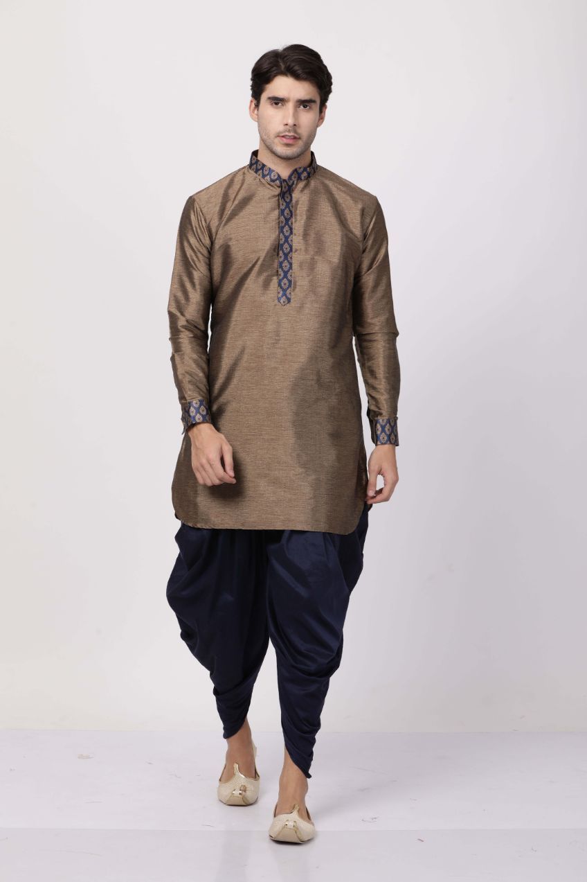 Men's Bronze Cotton Silk Blend Kurta and Dhoti Pant Set