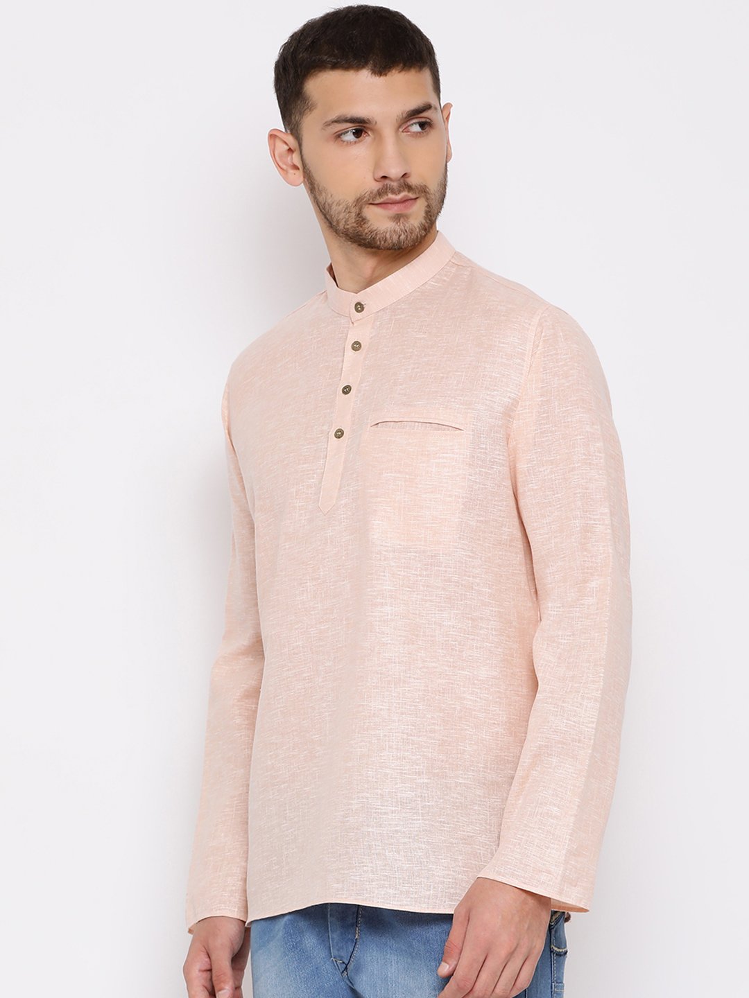 Men's Peach Cotton Blend Short Kurta