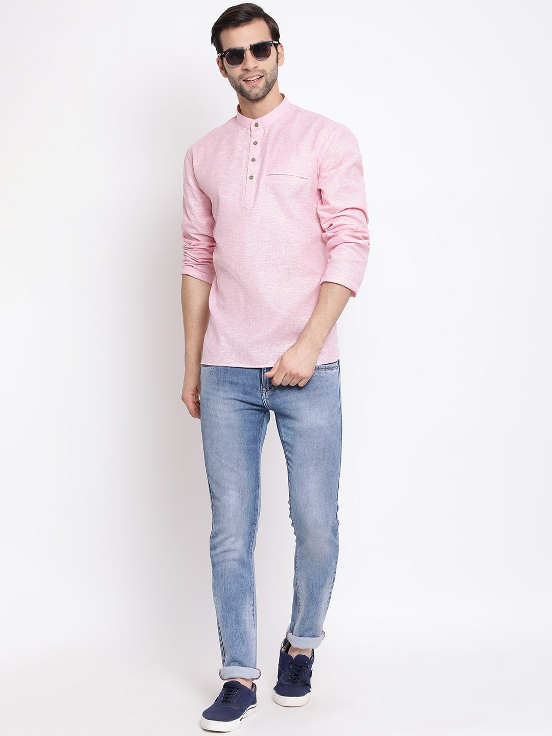 Men's Pink Cotton Blend Short Kurta