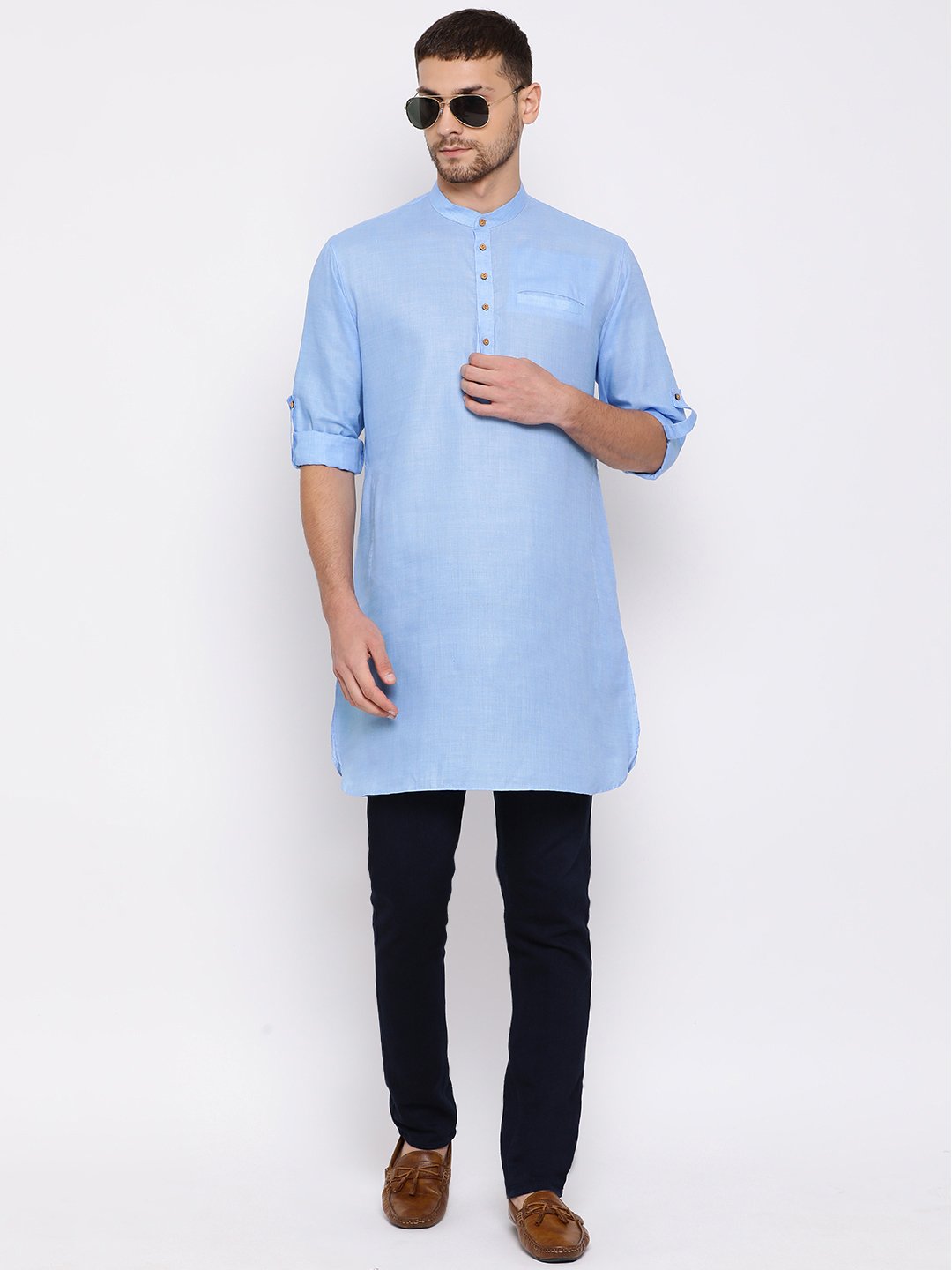 Men's Light Blue Cotton Blend Short Kurta
