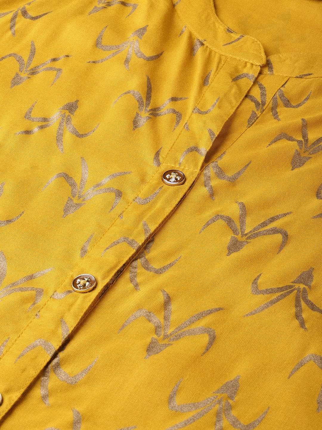 Women's Mustard Yellow & Golden Foil Print Straight Kurta