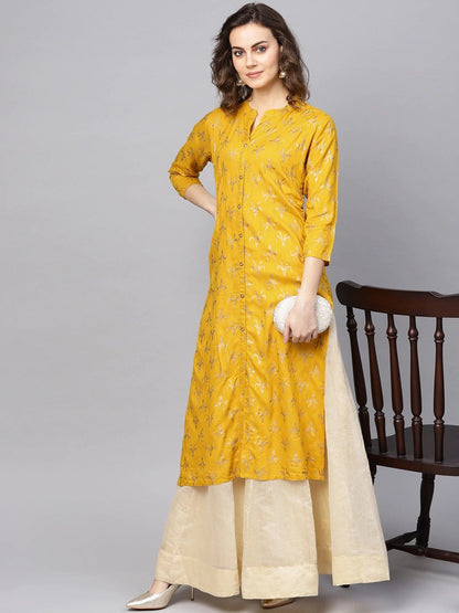 Women's Mustard Yellow & Golden Foil Print Straight Kurta