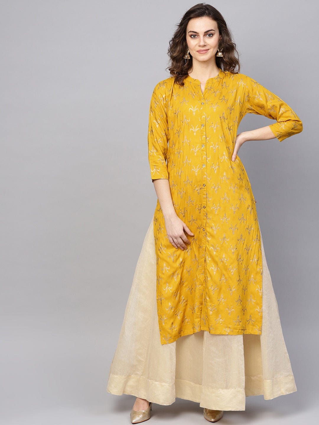 Women's Mustard Yellow & Golden Foil Print Straight Kurta