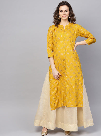 Women's Mustard Yellow & Golden Foil Print Straight Kurta