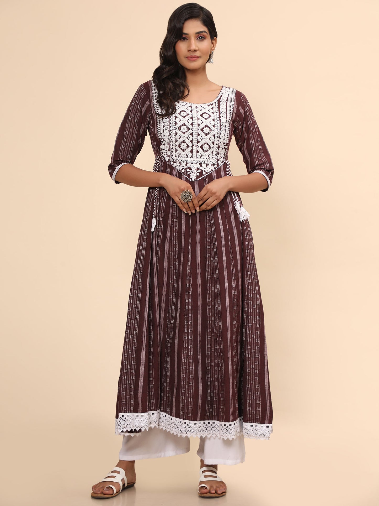 Women's Embroidered Anarkali Cotton Purple Stitched Kurta