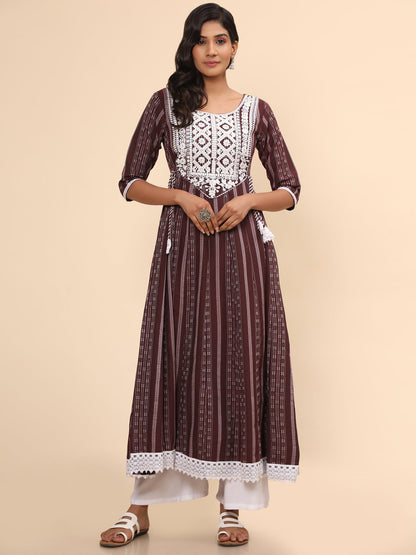 Women's Embroidered Anarkali Cotton Purple Stitched Kurta