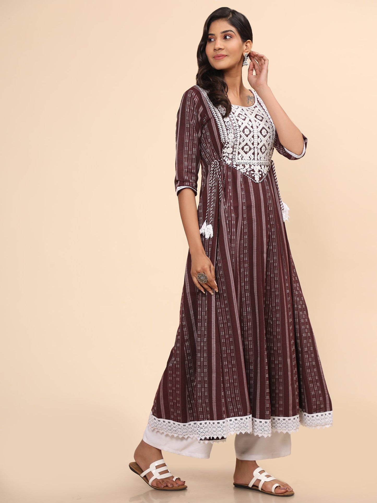 Women's Embroidered Anarkali Cotton Purple Stitched Kurta