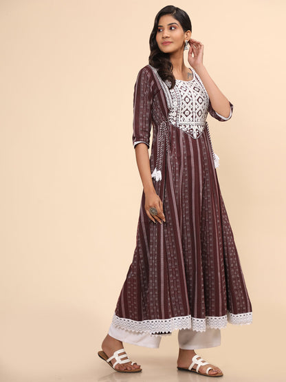 Women's Embroidered Anarkali Cotton Purple Stitched Kurta