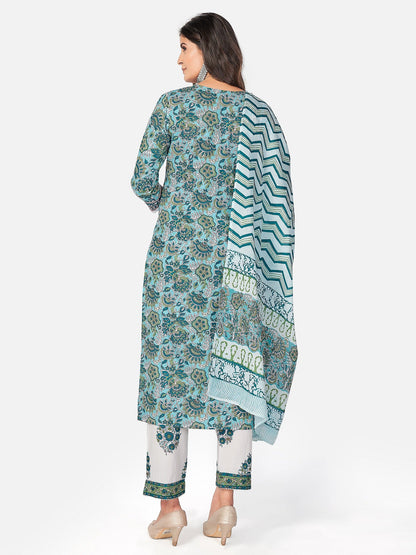 Women's Blue Cotton Kurta With Pant & Dupatta By Vbuyz (3