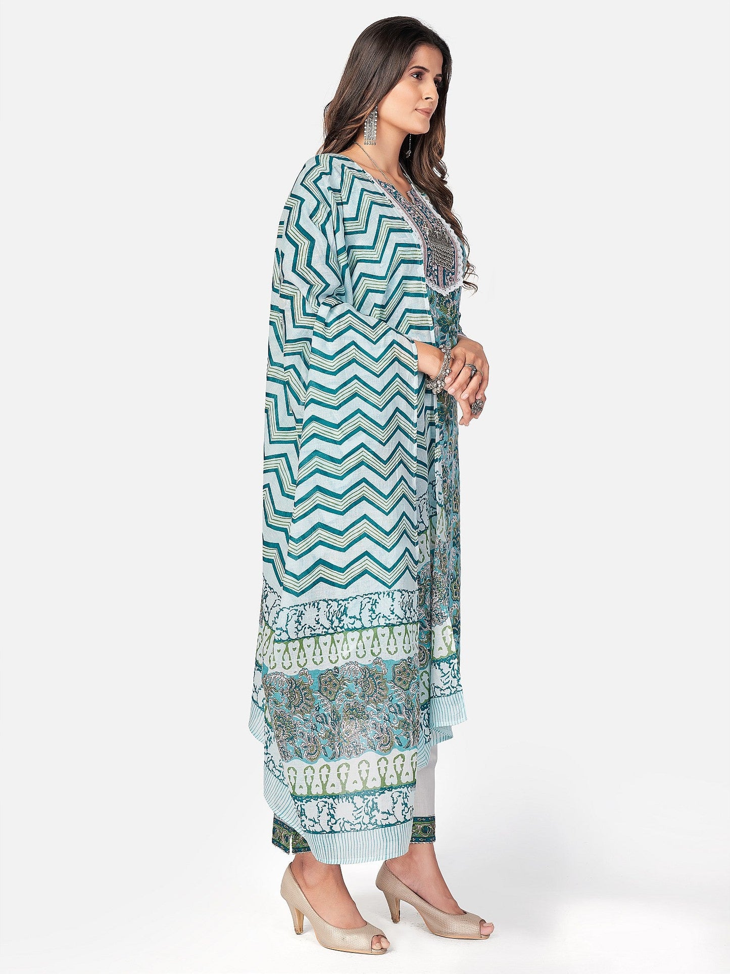 Women's Blue Cotton Kurta With Pant & Dupatta By Vbuyz (3