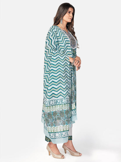 Women's Blue Cotton Kurta With Pant & Dupatta By Vbuyz (3
