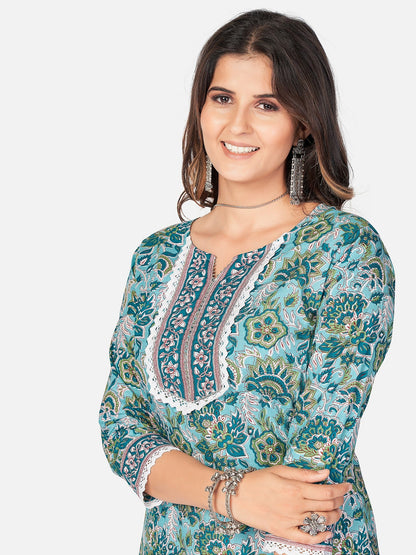 Women's Blue Cotton Kurta With Pant & Dupatta By Vbuyz (3