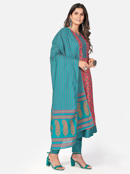 Women's Dark Pink Cotton Kurta With Pant & Dupatta By Vbuyz (3