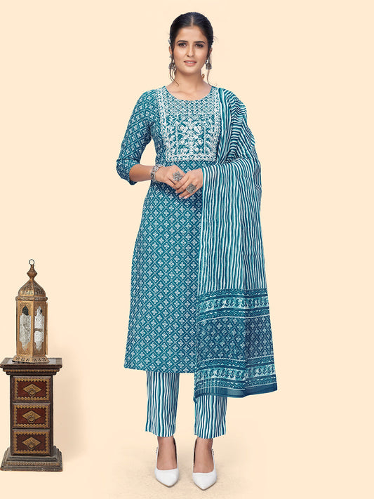 Women's Print & Embroidered Straight Rayon Blue Stitched Kurta Pant With Dupatta