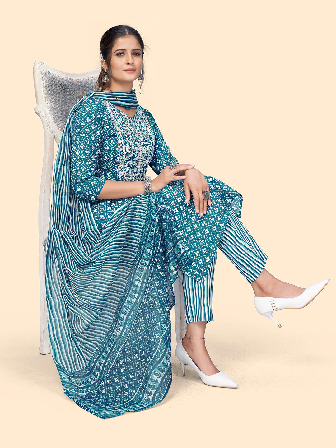 Women's Print & Embroidered Straight Rayon Blue Stitched Kurta Pant With Dupatta