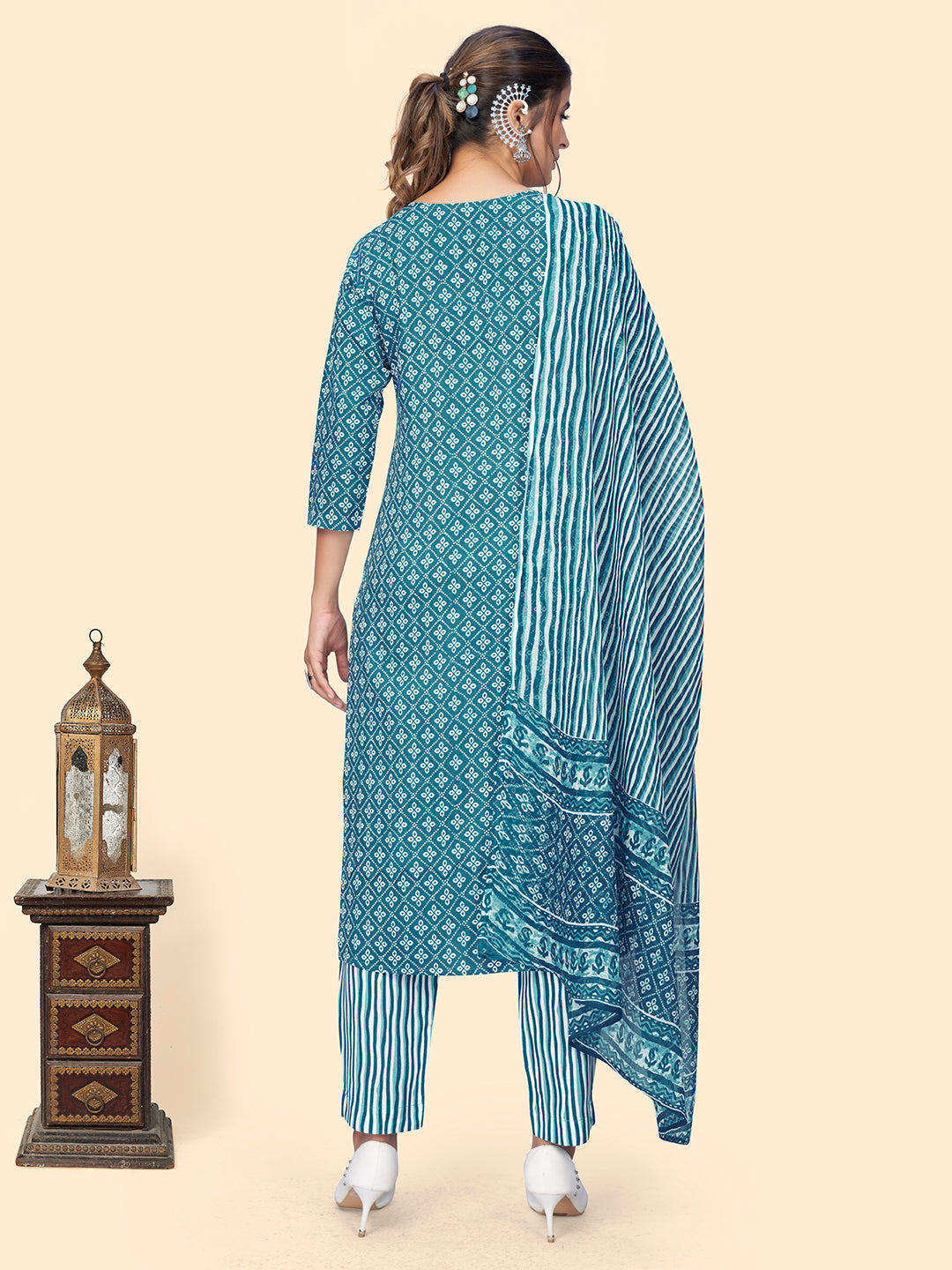 Women's Print & Embroidered Straight Rayon Blue Stitched Kurta Pant With Dupatta