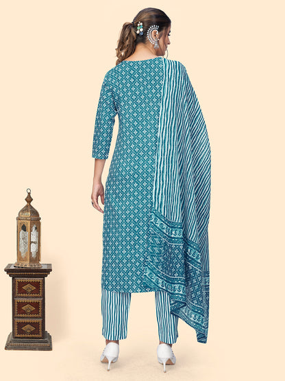 Women's Print & Embroidered Straight Rayon Blue Stitched Kurta Pant With Dupatta
