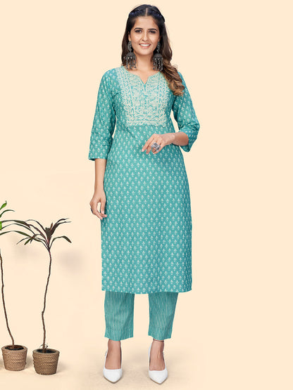 Women's Print & Embroidered Straight Cotton Turquoise Stitched Kurta With Pant