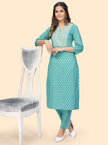 Women's Print & Embroidered Straight Cotton Turquoise Stitched Kurta With Pant